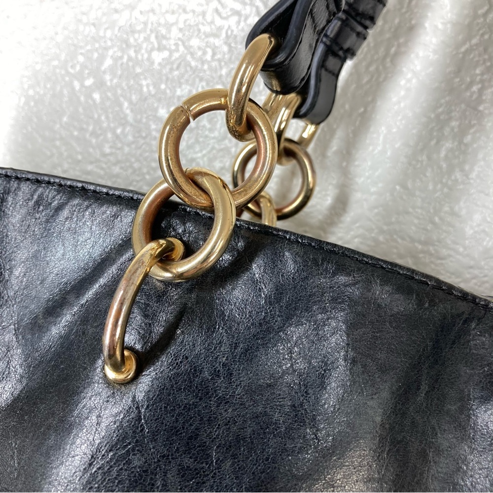 BADGLEY MISCHKA Black Tessa Shine Leather Studded Tote Handbag 17x13" - Picture 7 of 16